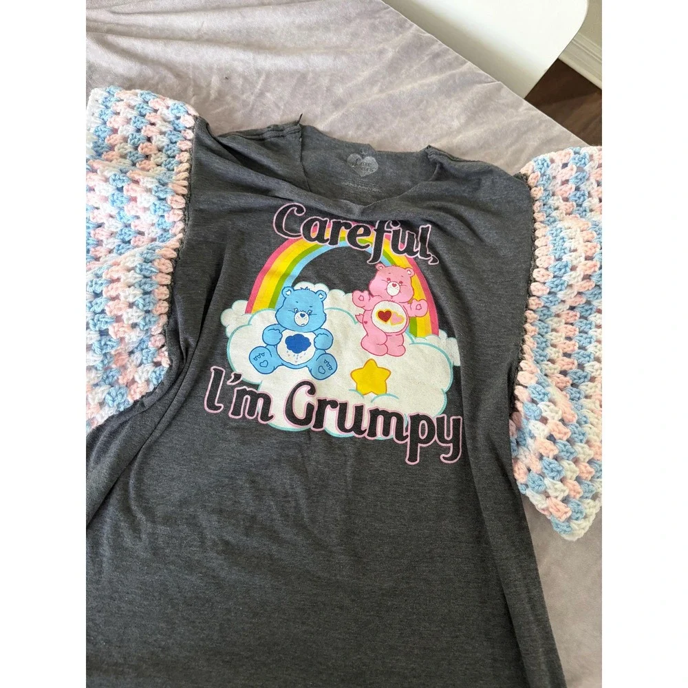 One of a Kind Upcycled Care Bears Graphic Tee with Hand Crocheted Sleeves Large